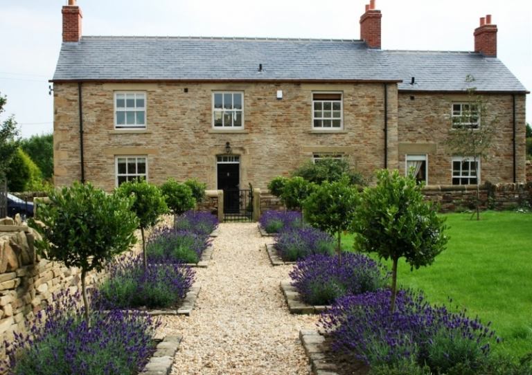 Predná záhrada, levanduľový boxwood, stredomorské nápady