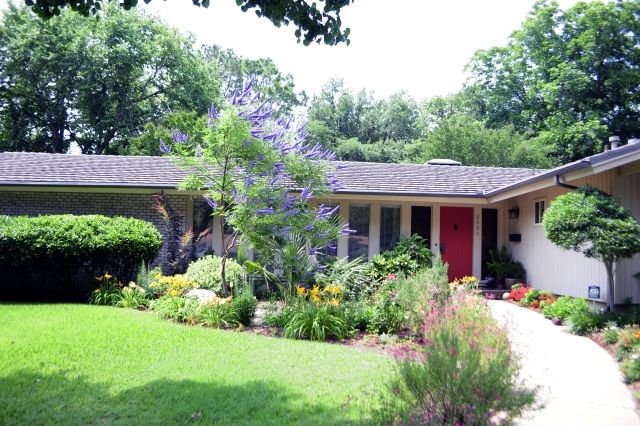 predzáhradka-dizajn-stredne-vysoký-ker-strom-purpurové kvety