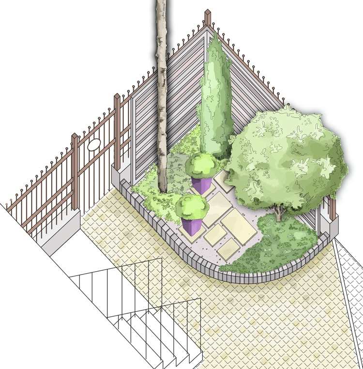 Predný dvor so vždyzelenými, odolnými rastlinami