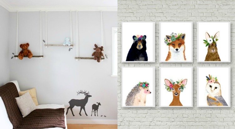 Lesná škôlka-dekorácia-stena-dekorácia-les-zvieratá-portréty-škandinávsky