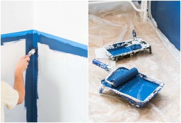 farba steny v dvoch farbách v tmavo modrej a bielej