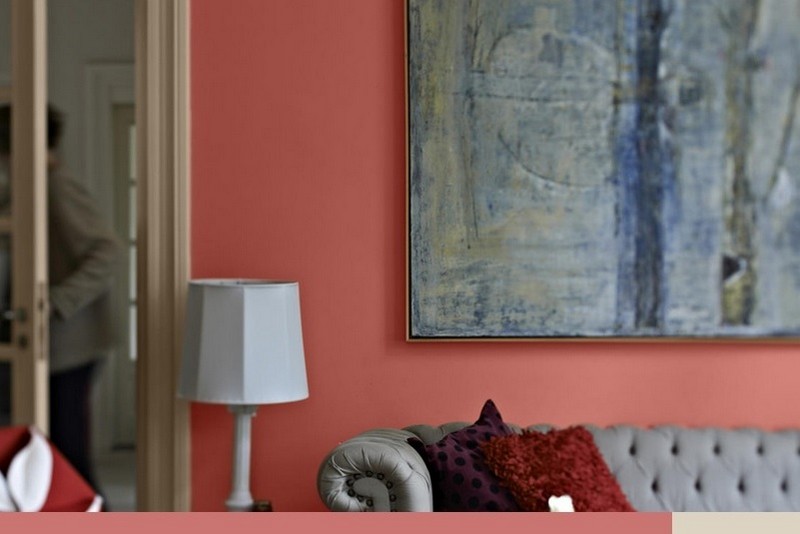 Berry nuansy a piesková farba v obývacej izbe Maľovanie na stenu-broskyňa-nuansy-nápady-béžová