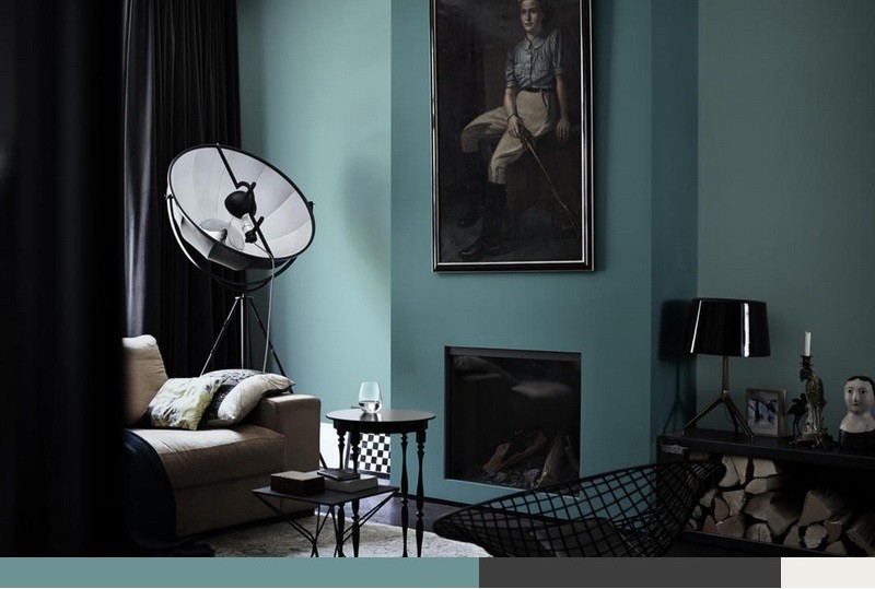 Obývacia izba v modrozelenej farbe - vymaľujte stenu a krb Nástenná maľba-modrá-antracitová-šedá-kombinovať