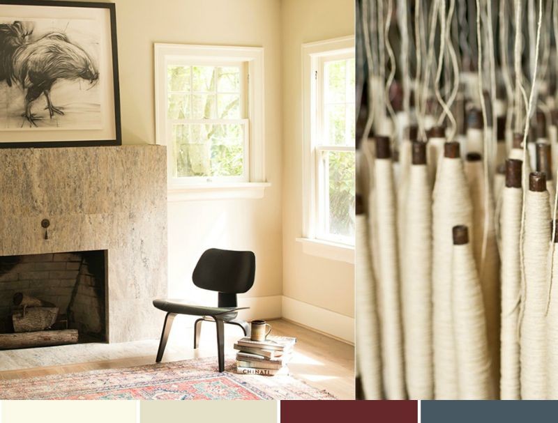 Farba piesku, sivá a tmavo hnedá v obývacej izbe vo vidieckom štýle Nástenné farby-krémové-farby-krbové-nápady-nápady