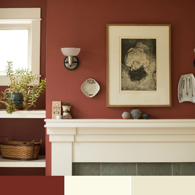 Obývacia izba v teplých červenohnedých nuansách so smotanou na krbe Maľba na stenu-farebné kombinácie-tehla-červená-krémová-svetlo-žltá