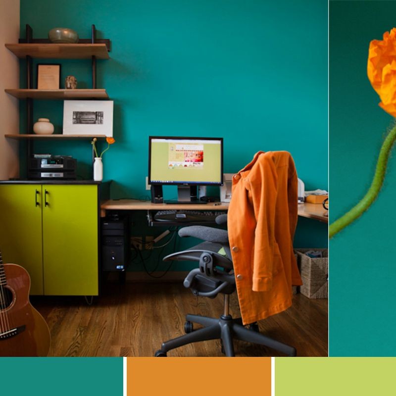 Dizajnová skriňa v modrozelenej, oranžovej, trávovo zelenej farbe Farba na stenu-modrá-zelená-oranžová-tráva-zelená