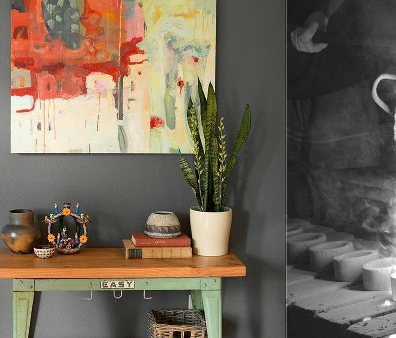 Antracitová sivá tvorí perfektné pozadie pre kreatívne nástenné dekorácie Nástenné maľby-nápady-tmavošedá-farebná-kombinácia-zeleno-červená