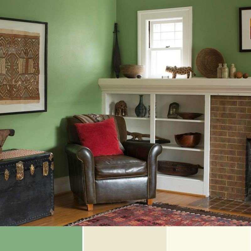 Vytvorte zelenú obývaciu izbu v koloniálnom štýle Nástenné maľby-zelené-svetlo-žlté-farebné kombinácie