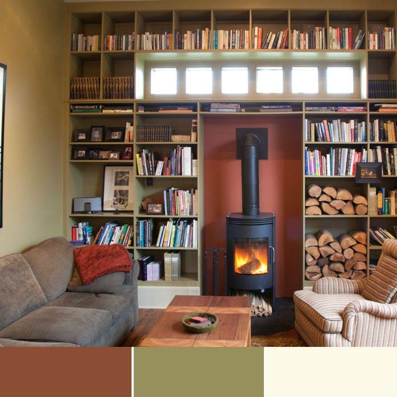 Trávovo zelená farba steny a teplý červenohnedý odtieň Maľovanie na stenu-obývačka-nápady-tráva-zelená-hnedá-dizajn