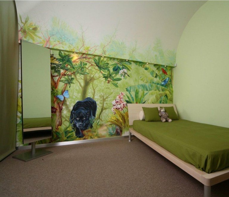 nástenná maľba v detskej džungli panter zelené vnútorné zrkadlo