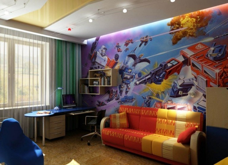 nástenná maľba detská izba robot sci -fi chlapec oranžová sedačka moderná