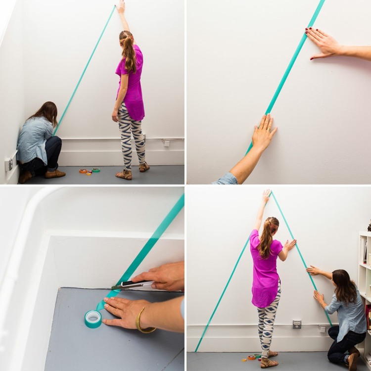 Na ozdobu steny prilepte lepiacu pásku rovnomerne na stenu urob si sám dekorácia na stenu lepiaca páska farebný trojuholník tvar remeselný nápad