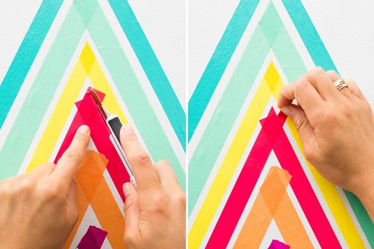 Vyrobte si dekoráciu na stenu sami - vyrežte rohy krabicovým nožom urob si sám dekorácia na stenu ľahký kutilský nápad modrá ružová žltá