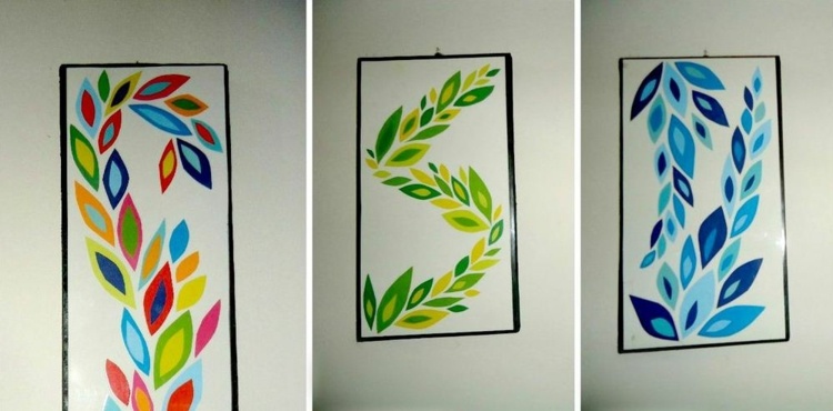 Vytvorte si nástenné obrázky sami z farebného papiera vo forme listov urobte si výzdobu steny sami papierový nápad blaetter zelená modrá farebné lepidlo
