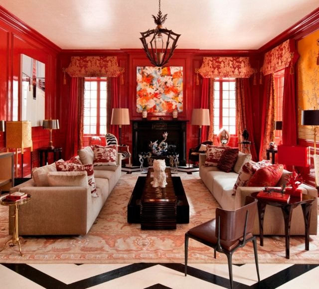 Nápady na farbu steny červená eklektická výzdoba obývačky červená obývačka eklektický dekor čalúnený nábytok