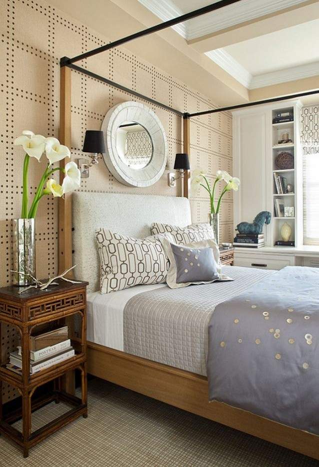 Jemné farby na stenu pre spálňový netkaný tapetový nočný stolík z bambusového dreva farby-steny-spalne-steny-vytapetovane-vliesove tapety-exoticky-nabytok