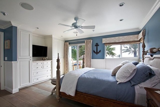 Farby stien v spálni-námorné motívy-ohraničenie steny kotvy farby steny-spalna-nauticka-kotva-motiv-steny-hranice-steny-modro-biela