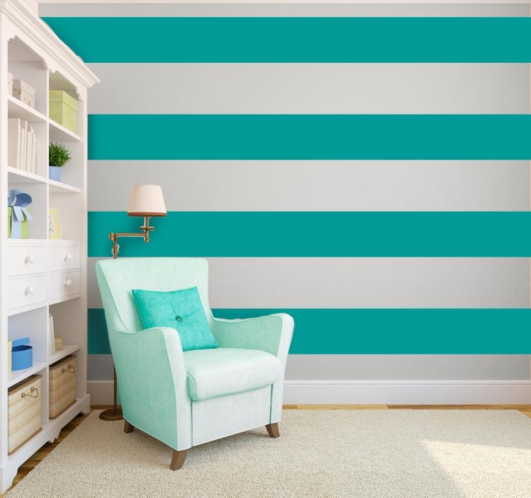 Farba steny tyrkysová v detskej izbe - pruhy na stene Farba steny-tyrkysová-škôlka-pruhy-nápady