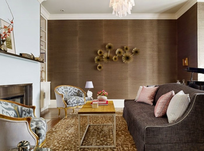 kožený nábytok hnedá stena farba lesk konferenčný stolík krb luxus