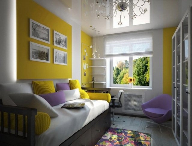 stenový dizajn-miestnosť pre mládež-dievča-purpurové-akcenty-žlté-nástenné-panely