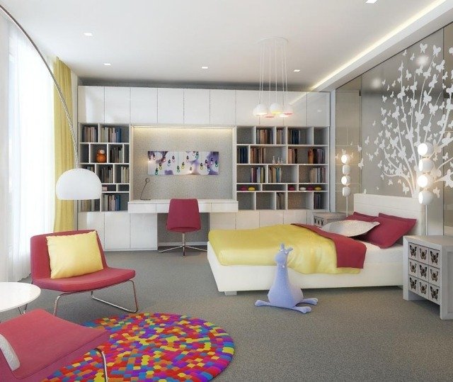 stena-design-izba-pre-deti-dievcata-led-osvetlenie-samolepky-strom-motýle