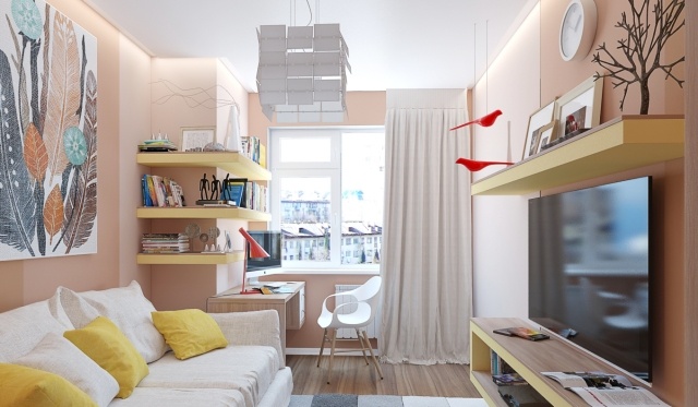 nástenný dizajn v miestnosti pre mládež dievčenská stena farba-marhuľa-žltá-nástenné police-akcenty