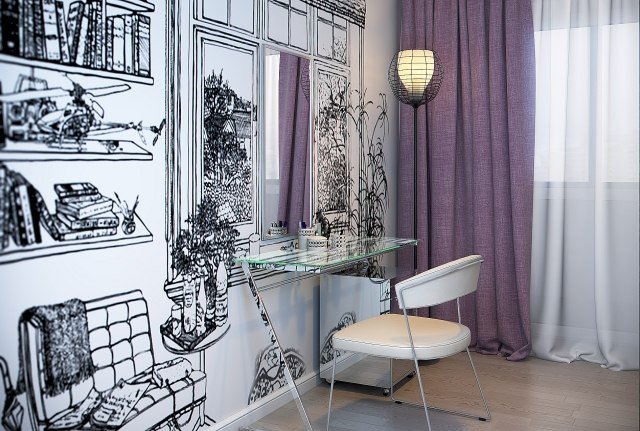 nástenný dizajn-miestnosť pre mládež-dievča-stena-tapeta-nábytok-skica