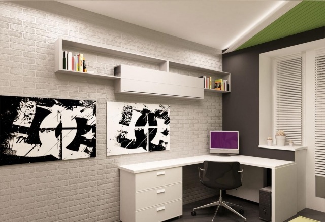 stena-dizajn-izba-pre-deti-chlapec-biela-tehla-stena-rohovy-stol-led-strop