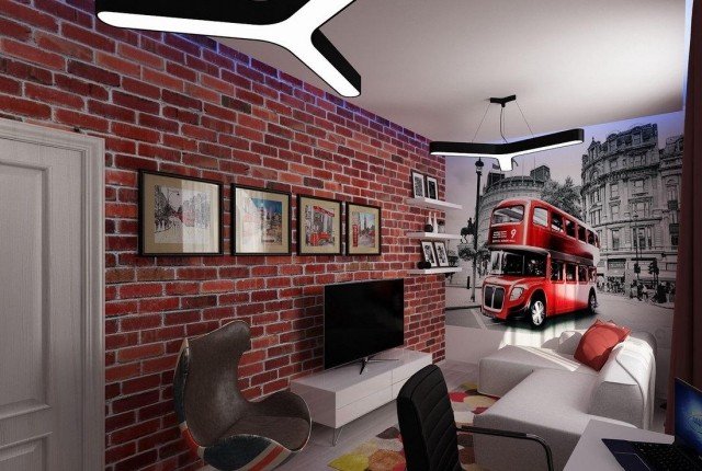 stena-design-izba-pre-deti-chlapec-tapeta-tehla-stena-optika-foto-tapeta-poschodová podlaha