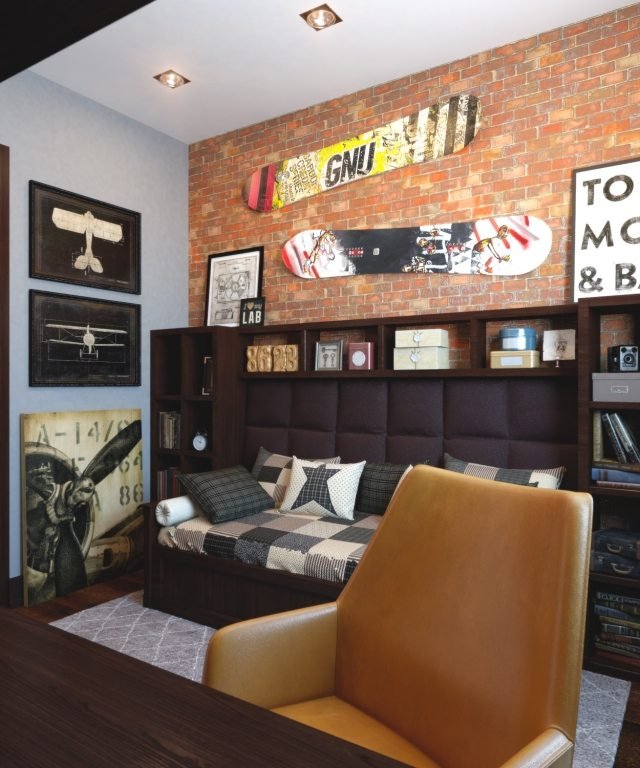 stenový dizajn-miestnosť pre mládež-chlapec-pouličný štýl-tapeta-tehlová stena-vzhľad-snowboardy-deco