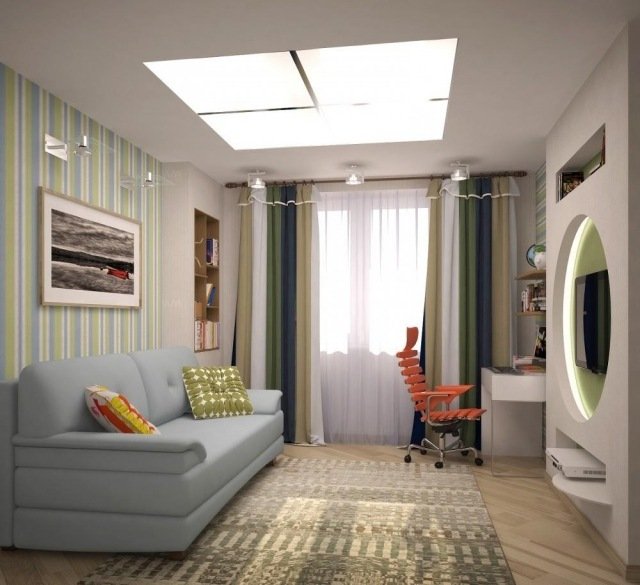 stena-dizajn-izba-pre-deti-chlapec-zeleno-modro-pruhovana-tapeta