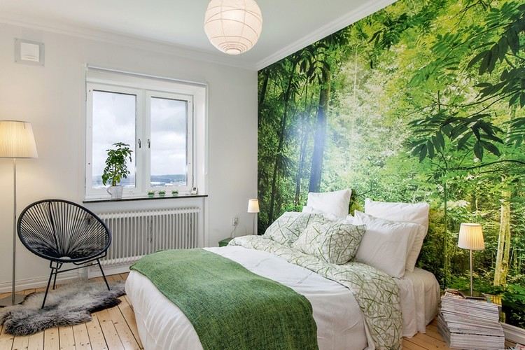 Fototapeta zelený les a drevená podlaha spálňa-stena-dizajn-foto-tapeta-les-zelené-stromy