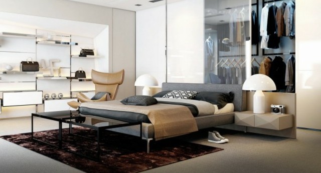 Šatníková skriňa za presklenou stenou postele Vnútorná skriňa za presklenou stenou postele