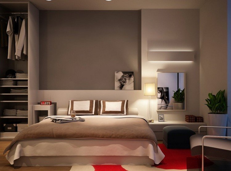 Taupe steny, biely nábytok a jemné osvetlenie Nástenný dizajn v spálni taupe nástenné farebné LED osvetlenie