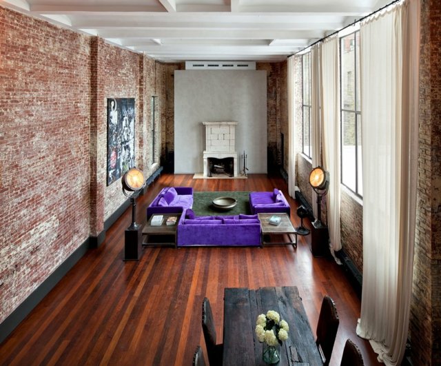 Tehlová stena neošetrená, moderná maľba, salónik, fialová