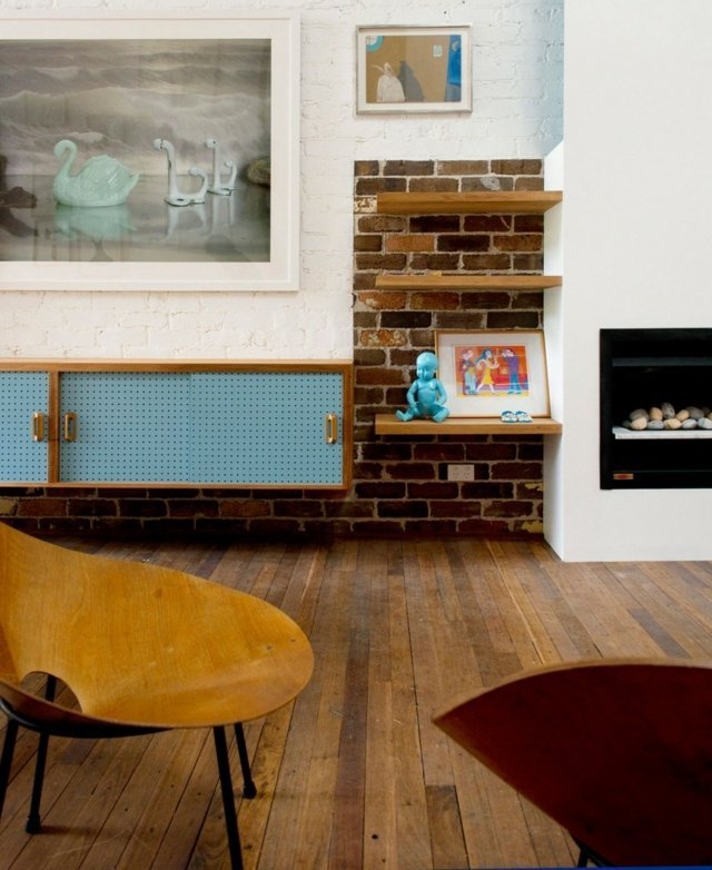 neošetrený policový systém tehlovej steny nápady na modernú výzdobu Policový systém moderné nápady na dekoráciu drevená podlaha