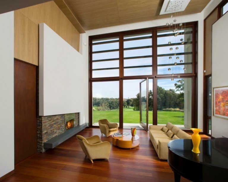 Stenový dizajn-hnedo-biela-obývačka-obývačka-nápady-horčicová žltá-sedacia súprava