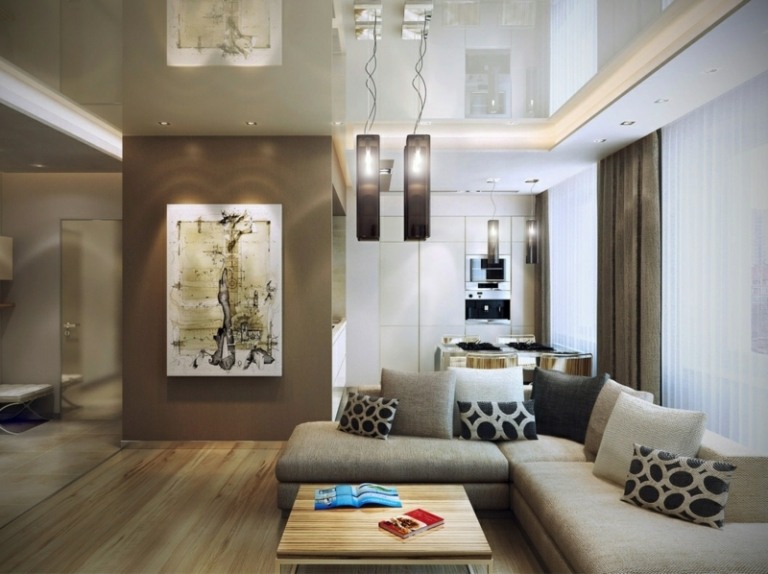 Nástenný dizajn-hnedá-obývačka-priečka-žlto-biela