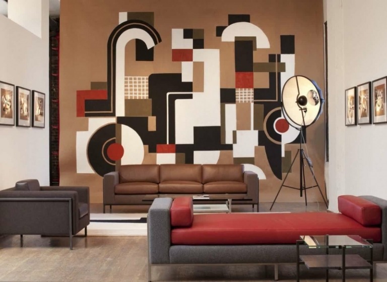 Nástenná lampa-sedacia súprava-hnedo-červeno-biela-kožená sedačka