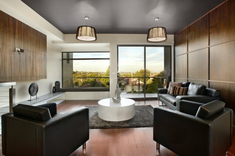 Stenový dizajn-hnedo-strop-stenové panely-podlaha-okrúhly-konferenčný stolík