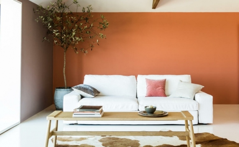 Nástenný dizajn-hnedá-obývacia izba-oranžová-farba-kombinovať