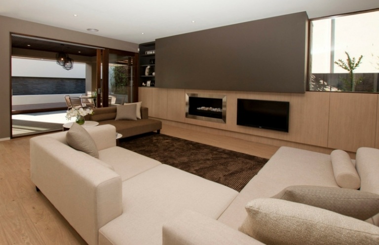 Nástenný dizajn-hnedá obývacia izba-koberec s posuvnými dverami