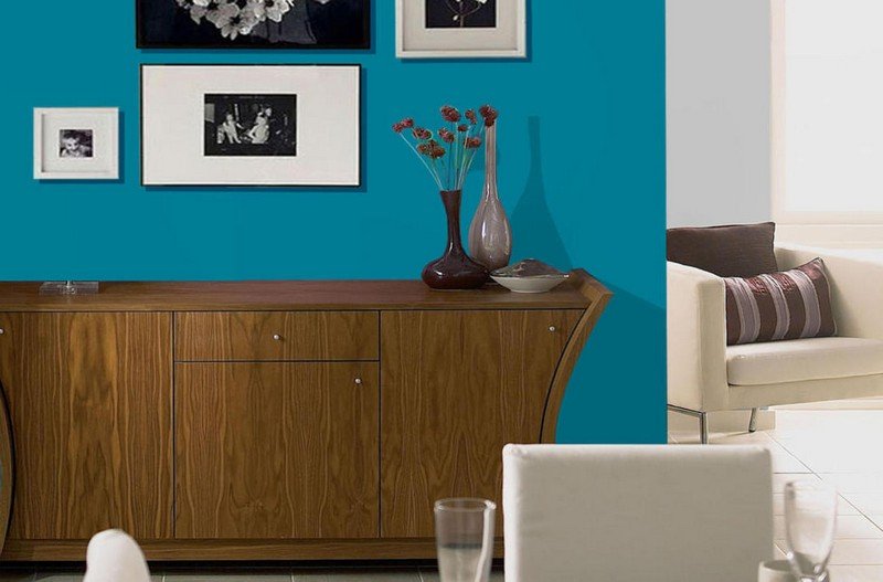 Dizajn steny-sivá-tyrkysová-obývačka-akcentná nástenná maľba