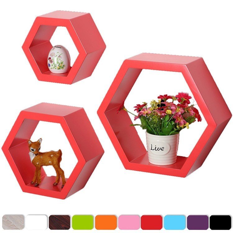 nástenná polica-dekorácia-červený-šesťuholník-voština-detská izba