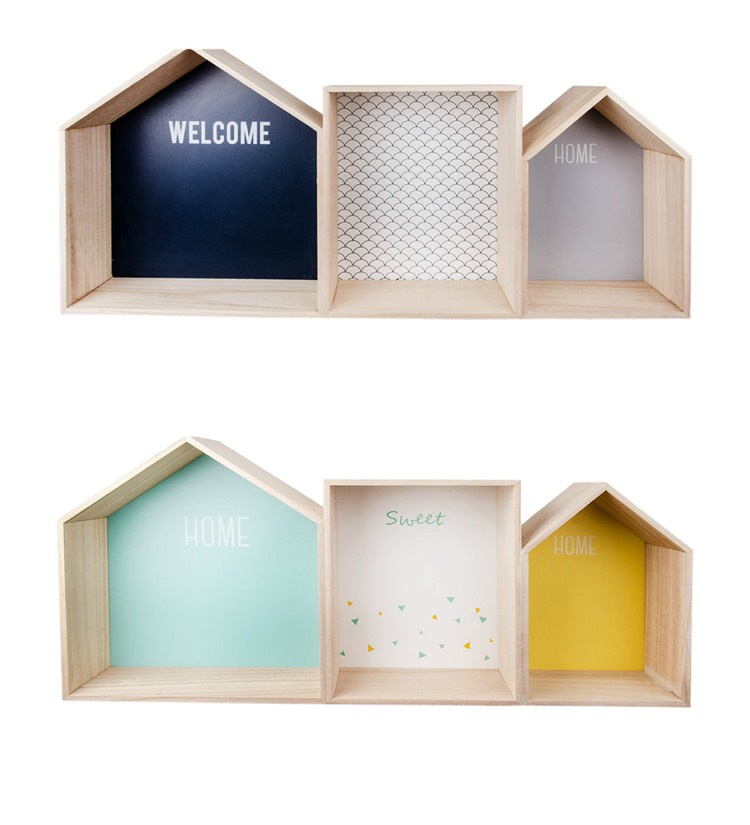 nástenná polica-dekorácia-drevo-detská izba-dom-tvar-pozadie-farby