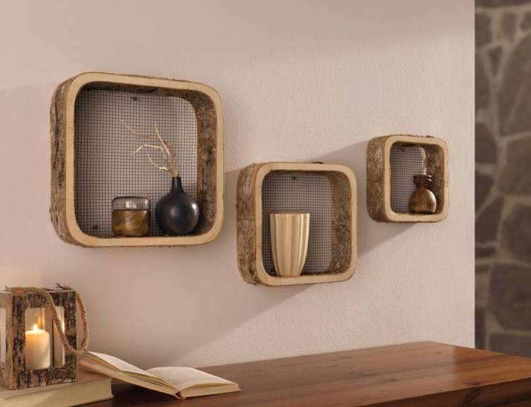 nástenná polica-dekorácia-drevo-rustikálne-brezová kôra-hranatý-drôt