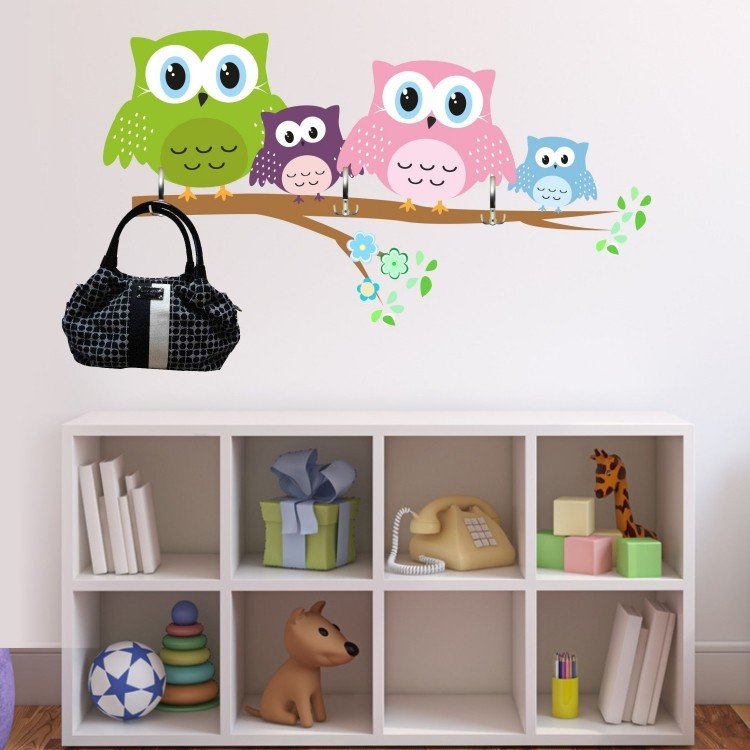 Obtisky na stenu-detská izba-nápady-sovy-vetvička-háčiky na stenu-šatník