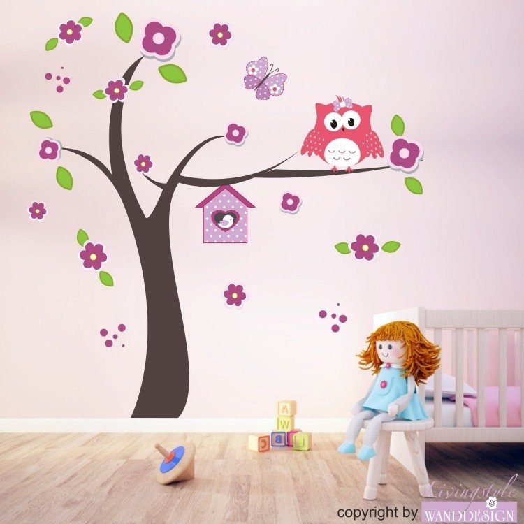 samolepky na stenu-škôlka-nápady-dievča-strom-kvety-sova