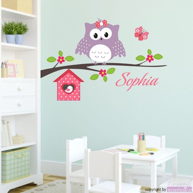 Obtisky na stenu-škôlka-nápady-sova-pastelovo-modrá-stena