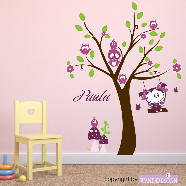 Obtisky na stenu-škôlka-nápady-sovy-stromov-purpurové-vtáky